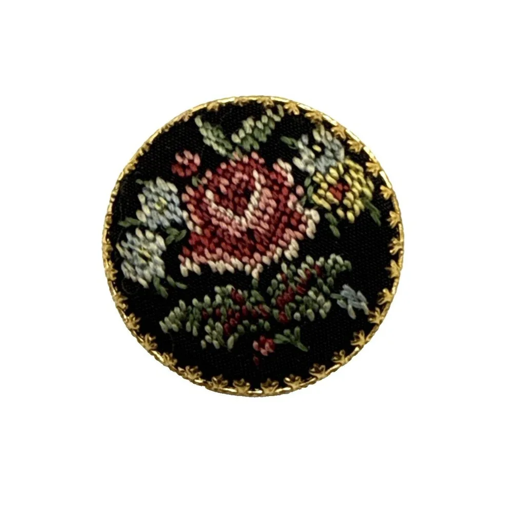 Vintage NeedlePoint Rose Brooch Gold Tone Hand Crafted Floral Pin 1 3/8